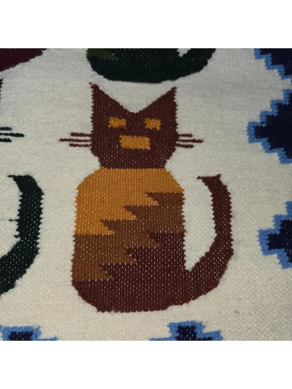 Handwoven Wool Rug with Colorful Cat Motif